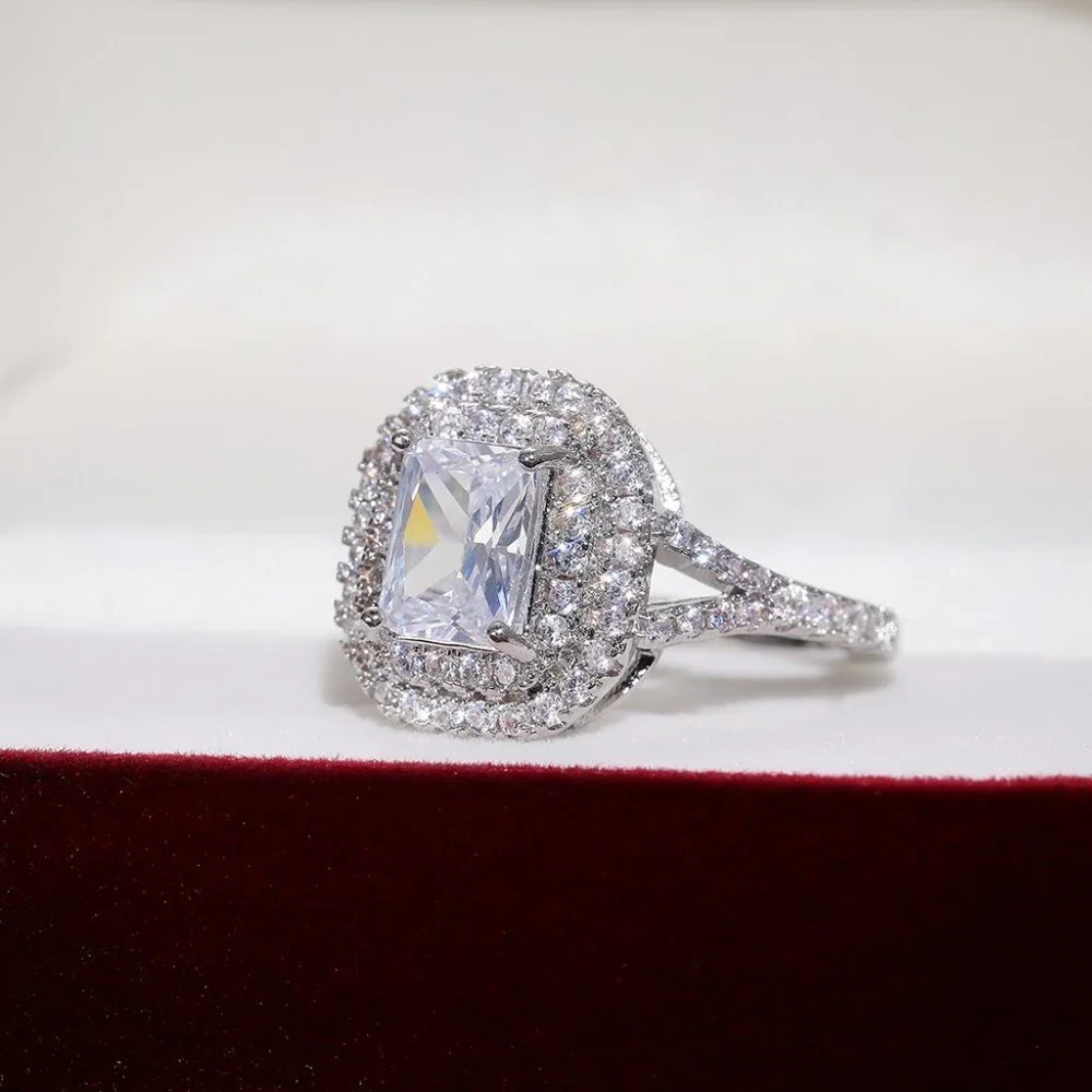 😍DOUBLE LAYER 14K WHITE GOLD RADIANT CUT PURE CZ LUXURY WEDDING RING, K856